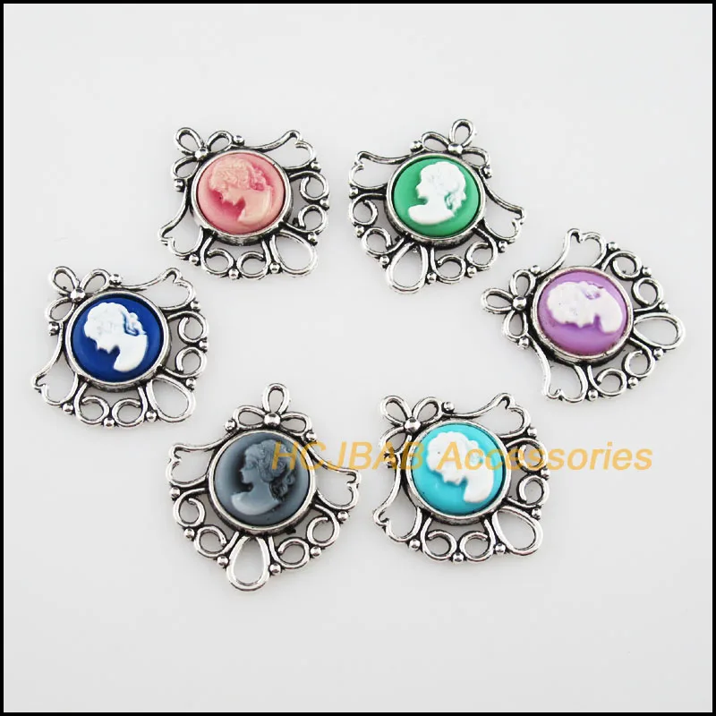 

12Pcs Tibetan Silver Plated Color Resin Mixed Beauty Charms Flower Connectors 26x29mm