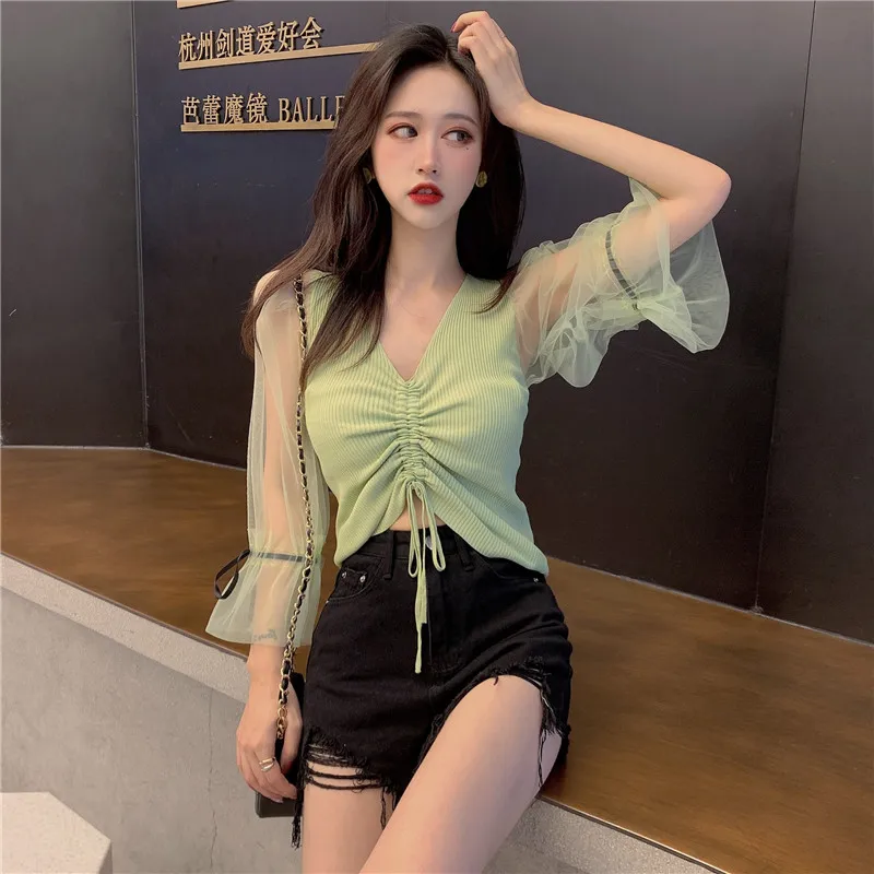 

Женская блузка с V-образным вырезом, приталенная Повседневная сетчатая блузка в стиле пэчворк с бантом, лето-осень 2023