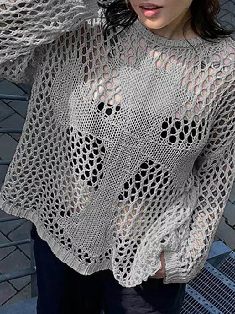 

New Loungewear Blouses Women Spring Summer Hollow Out Tops Solid Long Sleeve See Through Knitted Ladies Sweatshirts Dropshipping