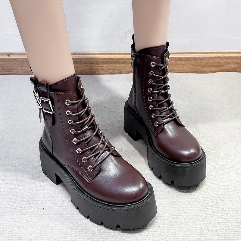 Boots Women Autumn New PU Leather High-heel Thick-heel Short Boots Woman Platform Motorcycle Boots Shoes Ladies Fashion Shoes
