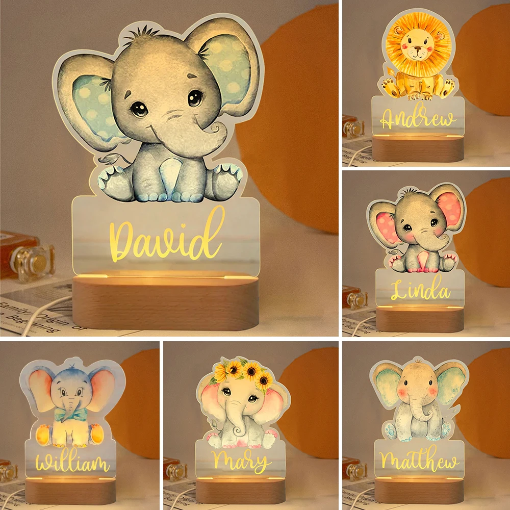 Personalized Baby Elephant Lion LED USB Night Light Custom Name Acrylic Lamp For Kids Children Cute Bedroom Decoration