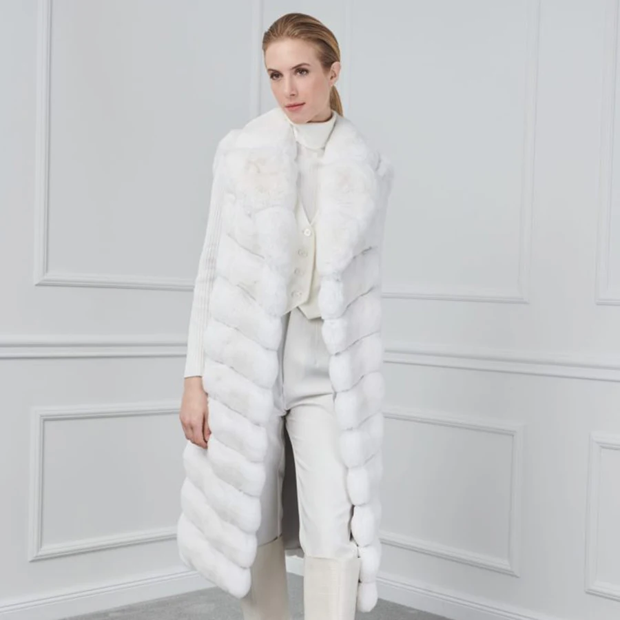 Women Winter Real Rex Rabbit Fur Coat Chinchilla Fur Vest For Women Ladies Vest Long White Vests images - 6