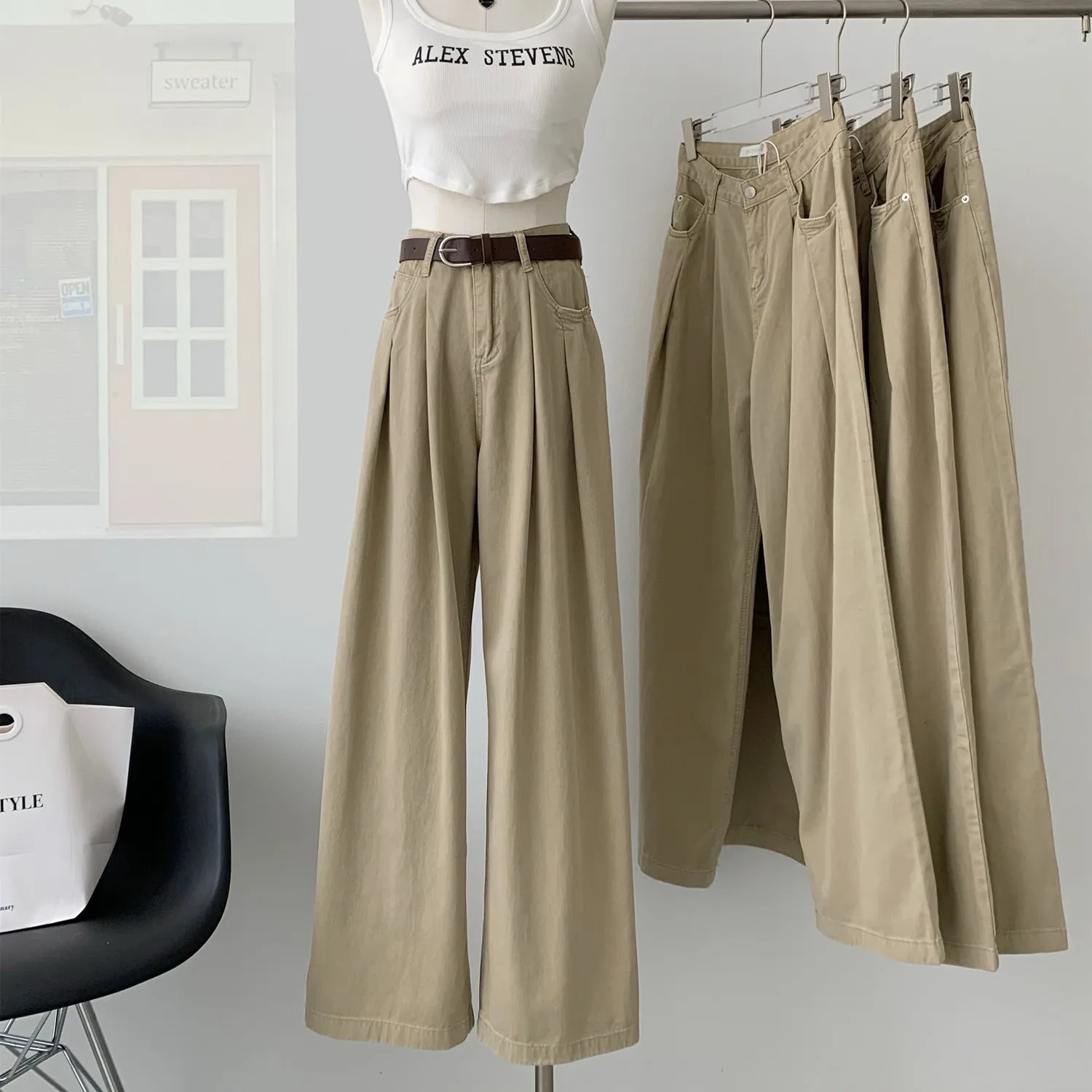 

Lauri Laki New Khaki Wide Leg Straight Jeans Women Vintage Loose Casual Thin Soft Full Length Denim Pants 2023
