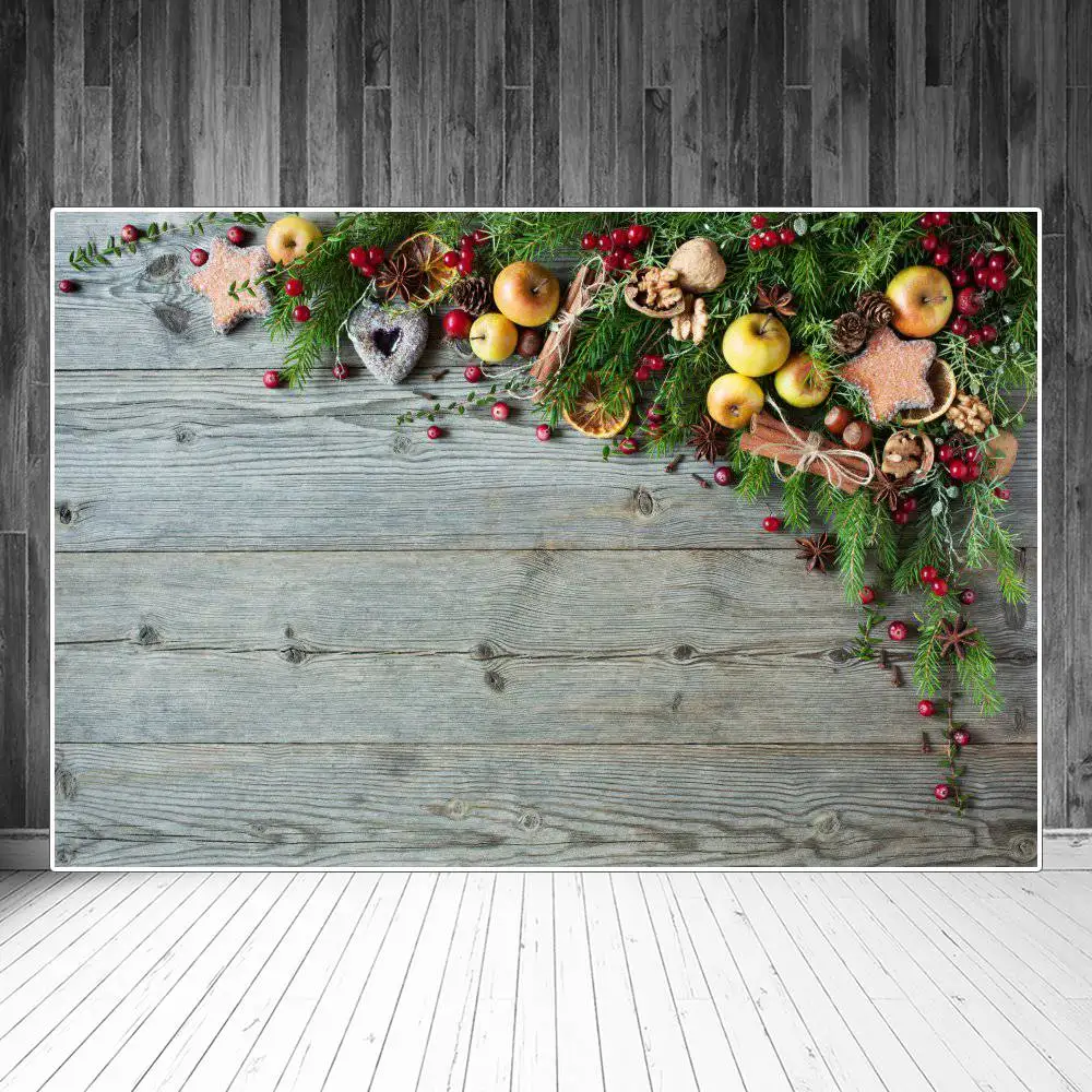 

Фоны для фотосъемки с изображением рождественской сосны листьев падуба Яблоков деревянных досок пользовательский Декор для детской вечерние фоны для фотобудки