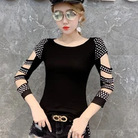 women t shirt 2022 new sexy hollow out rivet mesh shirt hot diamond slim long sleeve tops m 3xl korean clothes women tops