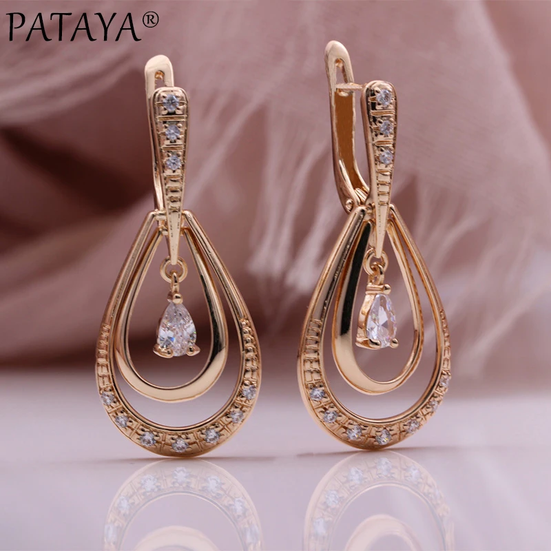 

PATAYA New Hollow Micro-wax Inlay Natural Zircon Earrings 585 Rose Gold Color Women Jewelry Double Circle Zircon Drop Earrings