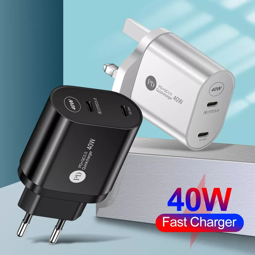 

40W Double PD USB Charger QC 3.0 Fast Charge Type C Phone Adapter For iPhone 12 11 Pro Xs Max iPad Airpods Huawei Xiaomi Samsung