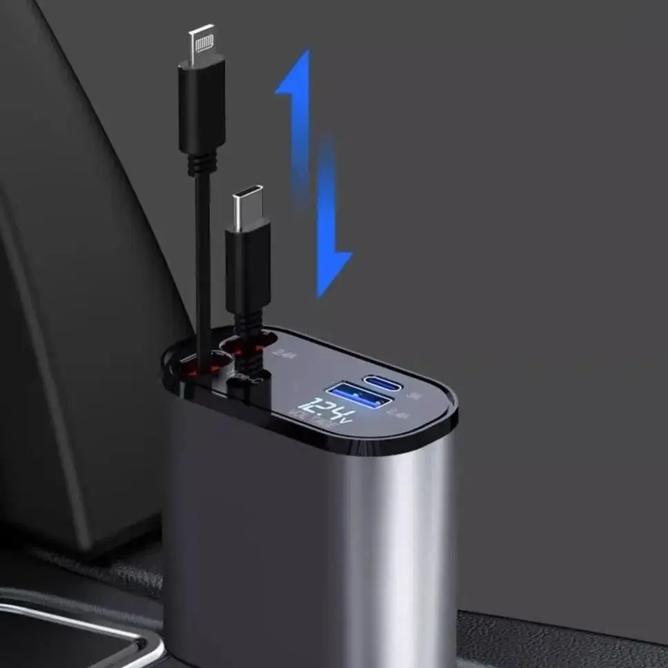 Автомобильное зарядное устройство 4 в 1, 100 Вт, выдвижной кабель USB Type-C, шнур для быстрой зарядки, прикуриватель для iPhone/Xiaomi/Samsung