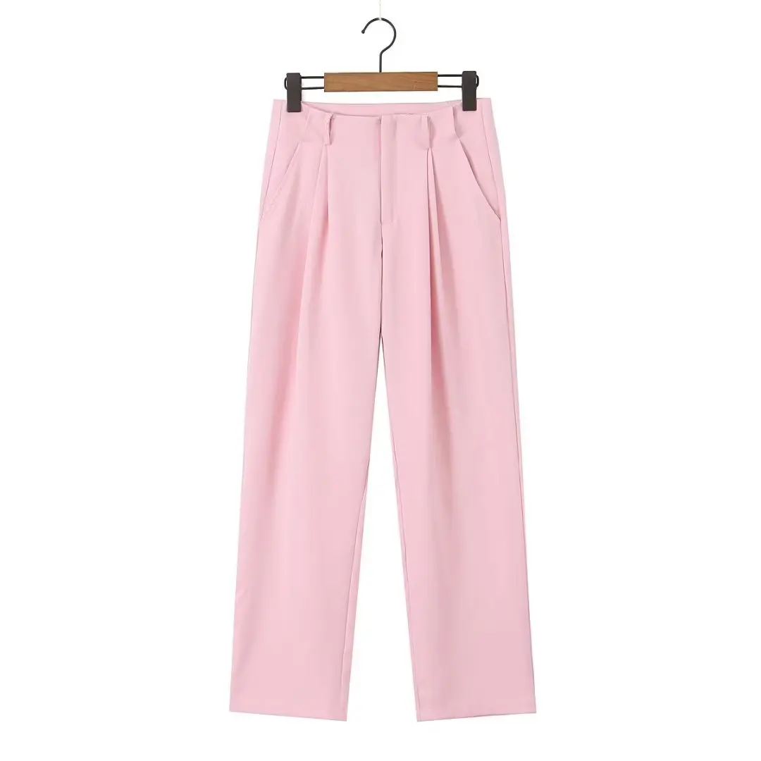 

Women 2023 New Chic Fashion Pink Colour Side Pockets Straight Pants Vintage High Elastic Waist Zipper Female Trousers