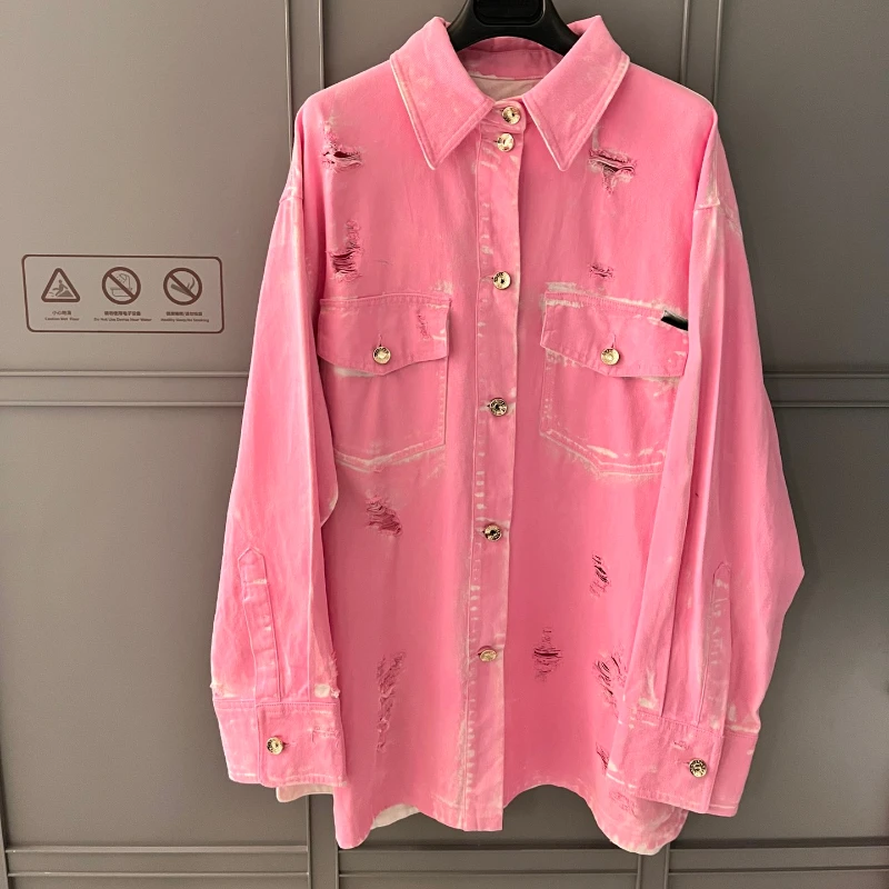 

2023 Spring High Quality Rose Pink Back Plaque Jacket and Turned-up Leg Cuffs Jeans Women Suit