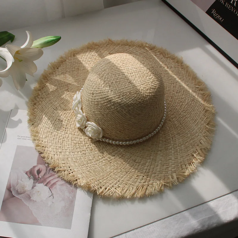 Spring Summer French Vintage Straw Hat for Women Eaves and Sunbonnet Hat Pearl with Chain Aristocratic Flat-topped Hat Flowers