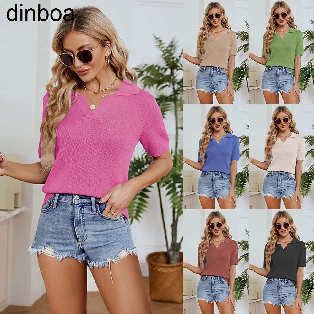 

Dinboa-2023 Summer New Women's Solid V-neck Short Sleeve T-shirt Top Casual Pullover Knitwear Women