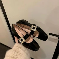 womens pumps chunky heel square toe rhinestone buckle casual black mary jane shoes luxury design ladies dress shoes woman