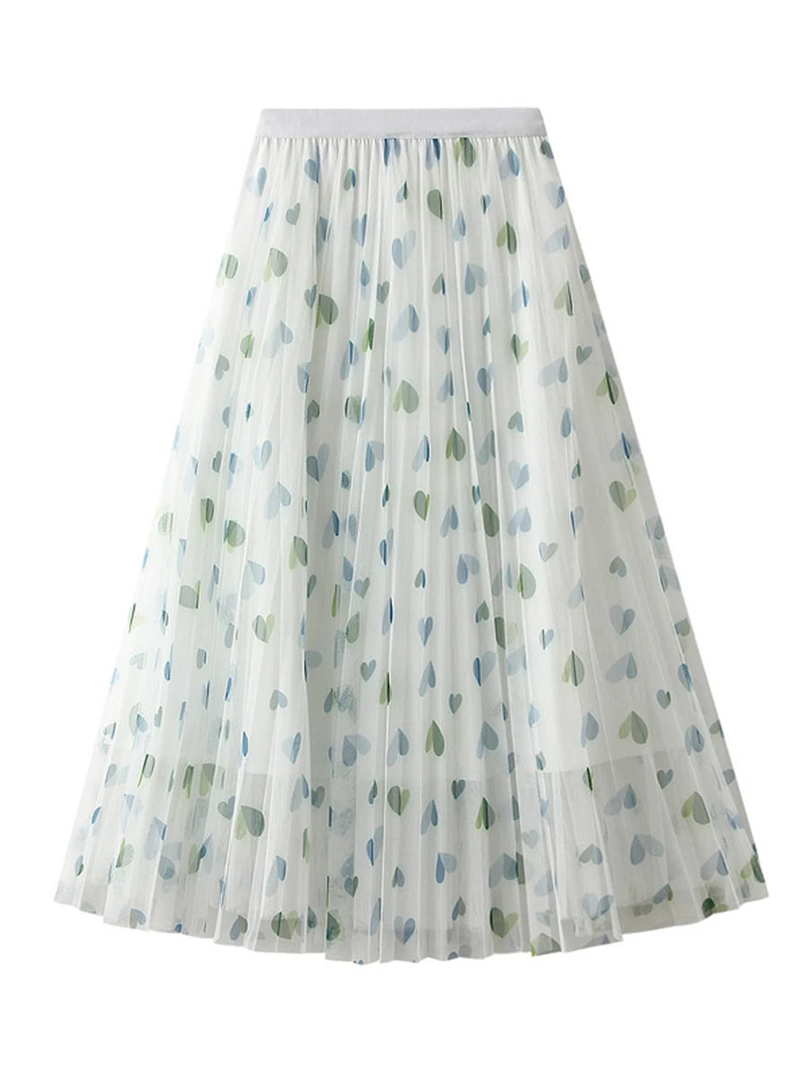

Women Tutu Tulle Skirt Elastic High Waist Layered Heart Print Skirt Mesh A-Line Midi Skirt