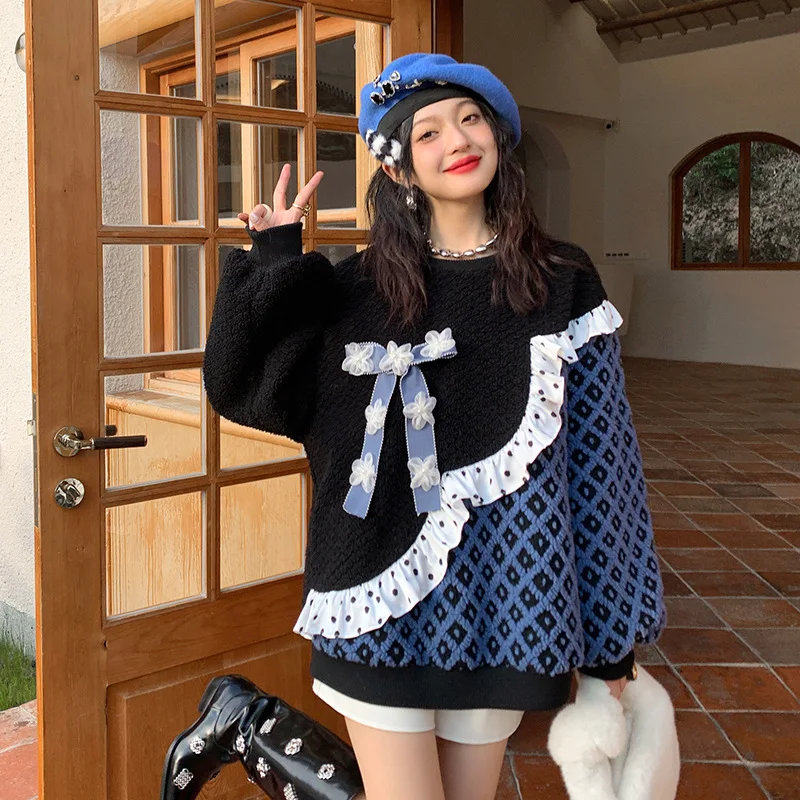 

Autumn Winter New Women Knitted Pullover Design Sense Stitching Casual Loose Plus Velvet Warm Hoodie High Quality Round Neck Top