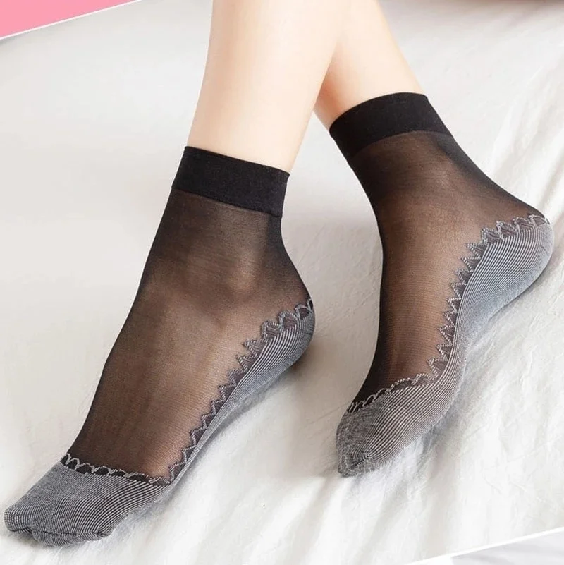 20pcs=10 Pairs Spring Summer Women Soft Socks Thin Silk Socks Non-Slip Bottom Splice Fashion Transparent Ladies Breathable Sock