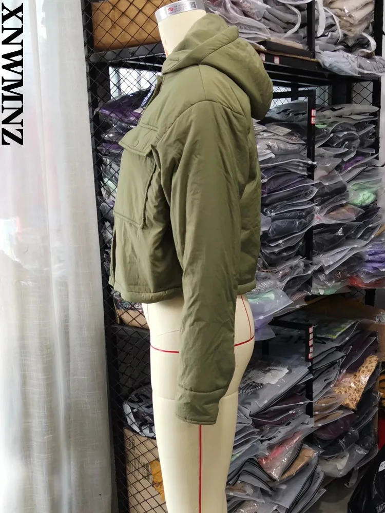 XNWMNZ 2022 autumn and winter women fashion casual hooded jacket female retro flip pocket wide padded jacket short parka