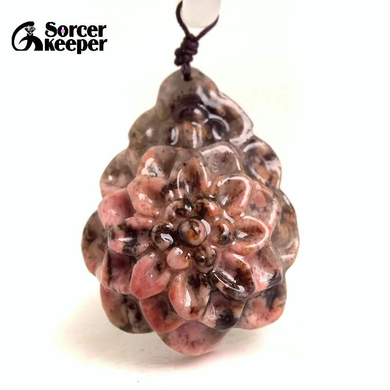 

Натуральный Родонит Нефритовый камень для женщин Высокое качество ручная резьба цветок кулон ожерелье Мода Веревка Цепь счастливое ювелирное изделие BI384