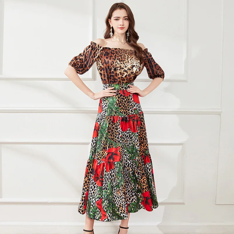 

Женский летний костюм с леопардовым принтом, топ с коротким рукавом и юбка с цветочным принтом на одно плечо, комплект из двух предметов, 2023