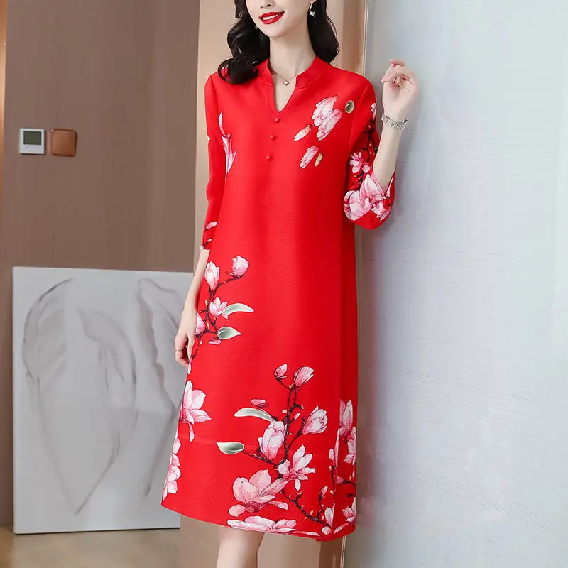 

Women dress Red fashion print wrinkled dress 2021 autumn new high-end temperament loose thin big v-neck casual dress clothing