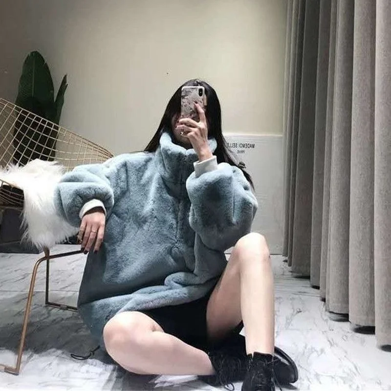 Women's Faux Fur Coat Super Hot Coat Pullover Snow Outercoat Sweatshirt Loose Korean Fashion Faux Rex Rabbit Sweatshirt New