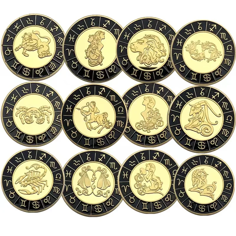 

Twelve Constellations Zodiac Coin Good Luck Europe Challenge Gold Plated Commemorative Coins Set 40mm Collection Decoration Gift