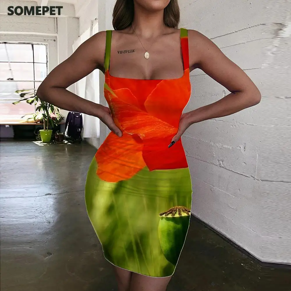 

SOMEPET Poppy Flowers Dress Women Flower Dress 3d Print Sexy Vestido Sexy Pretty Bodycon Dress Womens Clothing Plus Size Beach