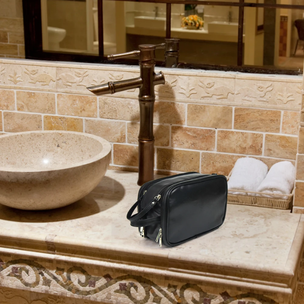 

PU Makeup Bags Large Capacity Waterproof Makeup Brush Storage with 2 Zipper Portable Dry-Wet Separation for Female Summer Travel