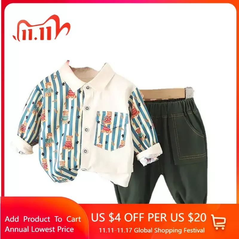 

Spring and Autumn Boys Clothes Suit Long Sleeve Shirt Two-piece Set Striped Top Pants Children's Clothing Set For Baby 1-5 Years