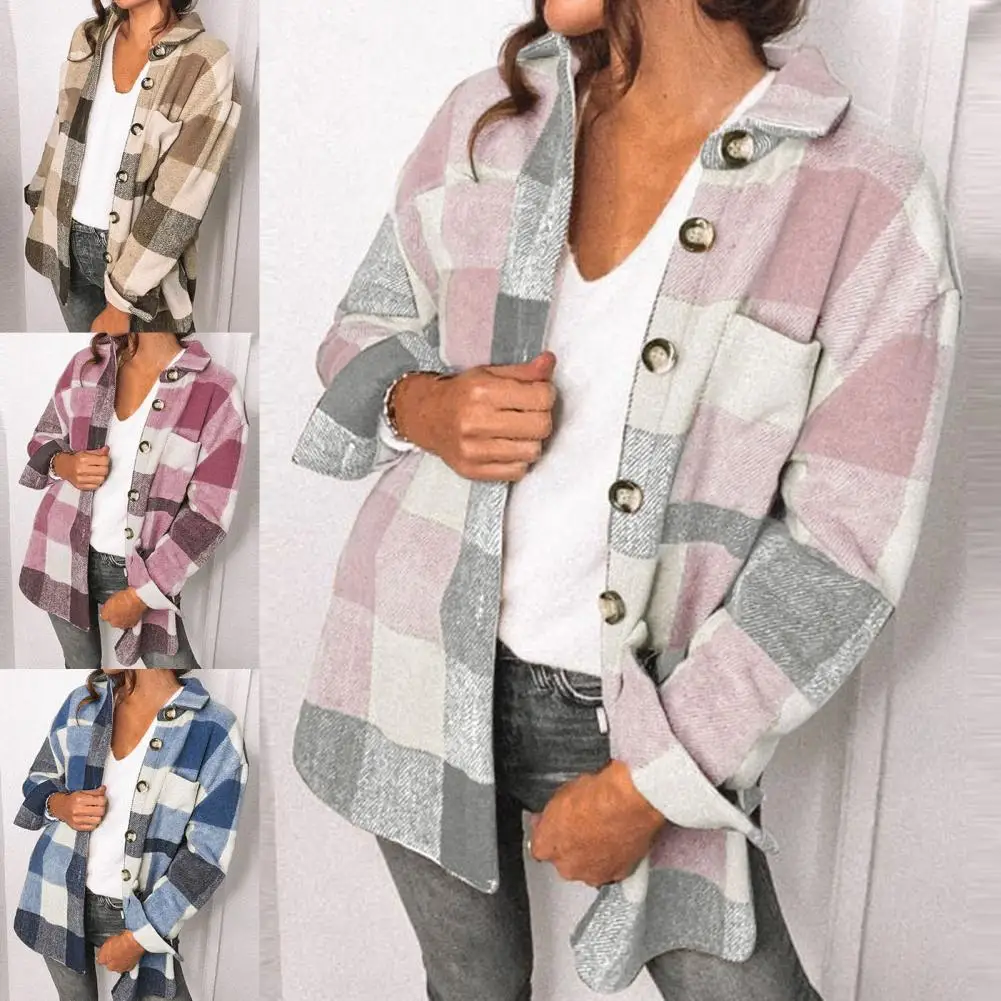 

Turn-Down Collar Long Sleeve Women Coat Casual Plaid Print Pockets Shirt Jacket for Fall Winter