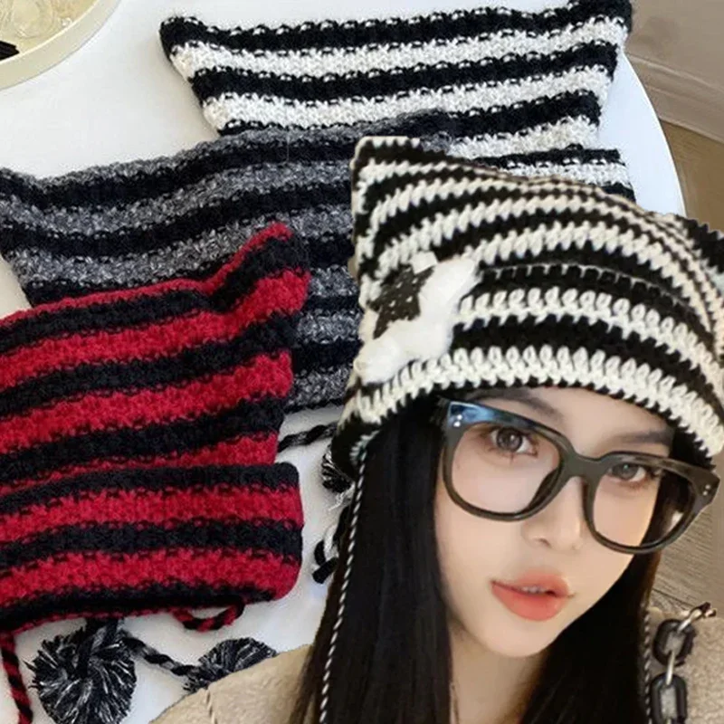 Y2K милые вязаные шапки с пентаграммой для женщин корейские в полоску кошачьими