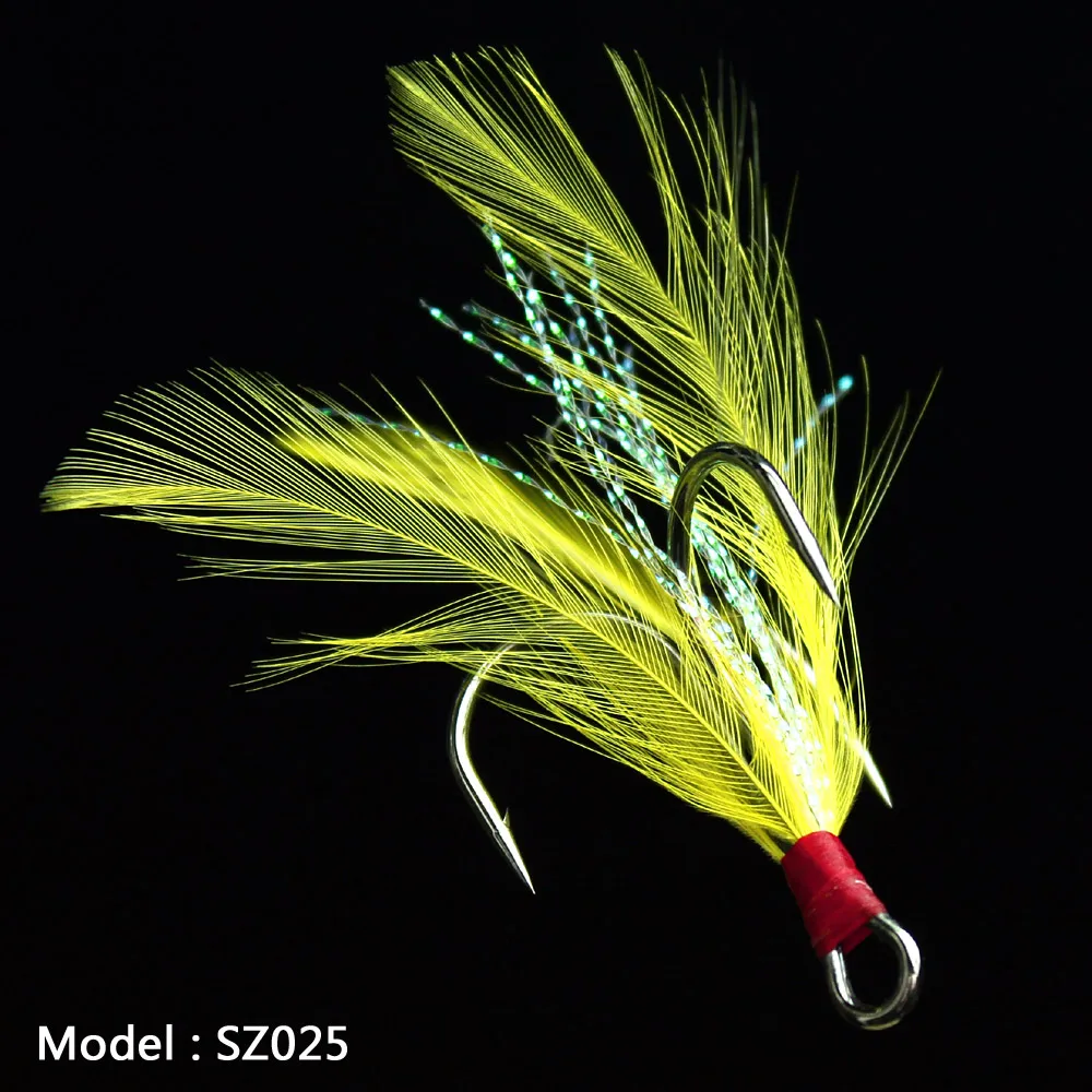 

10pcs Treble Fishing Hook With Feather For Minnow Fly Fishing Lures Crankbaits Barbed Annular Sharpened Fishhook 10-3/0# sz025