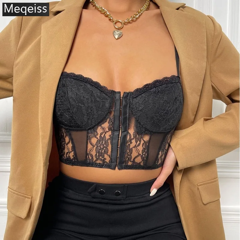 

Women Lace Sexy Y2k Crop Tops Camis Goth Sexy Aesthetic Lingerie Ribbon Chest Lace Camisole Push Up Corset Tank Tops Underwear