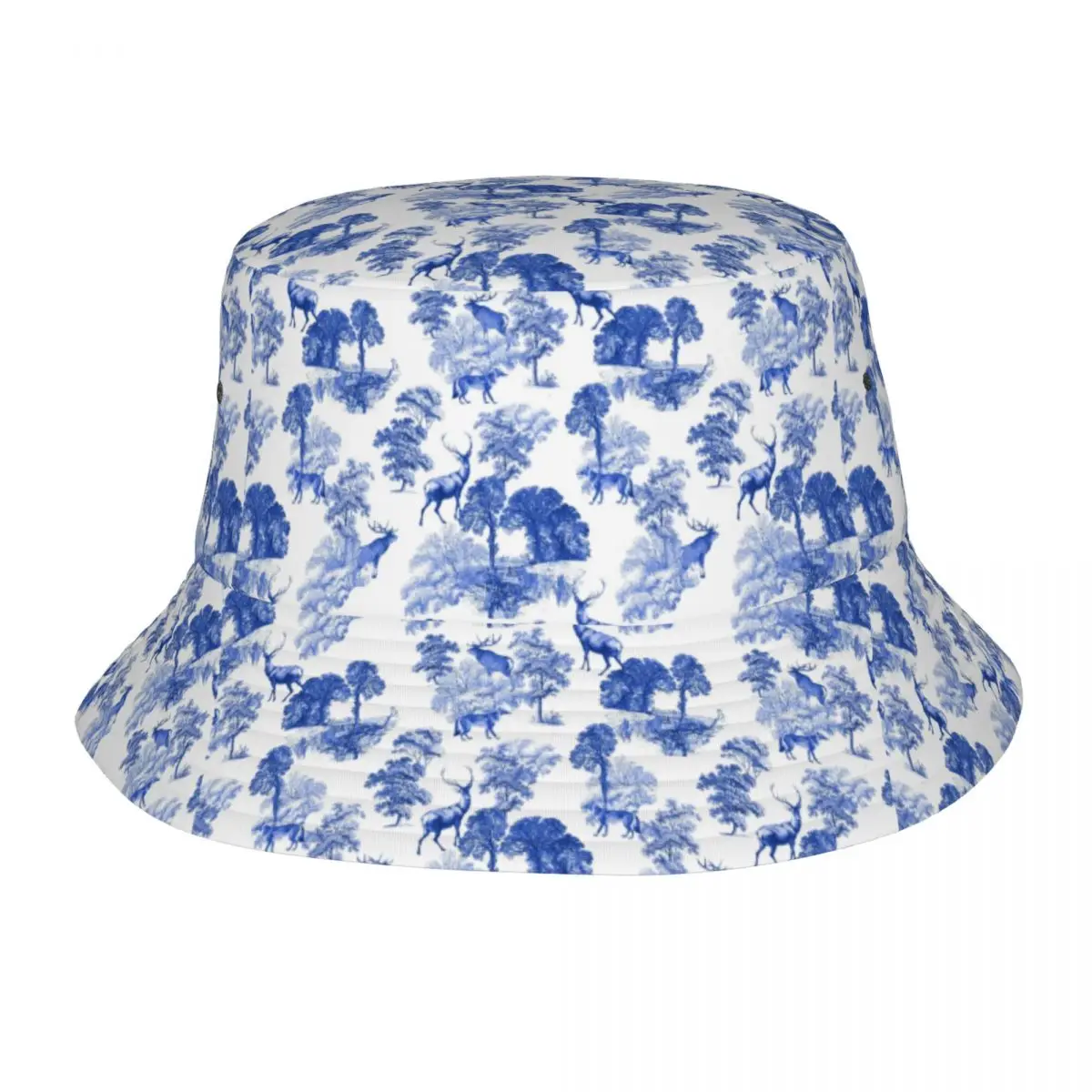 Custom Classic Blue French Toile Deer In Forest Bucket Hats Women Men Toile De Jouy Countryside Beach Sun Summer Fisherman Cap