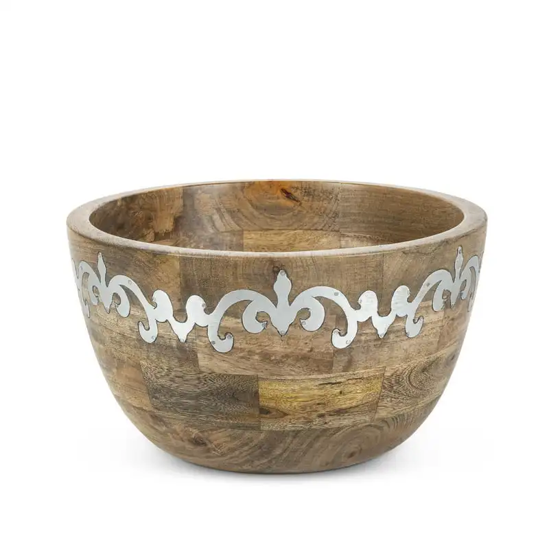 

11" Brown and Silver Round Wooden Deep Serving Bowl