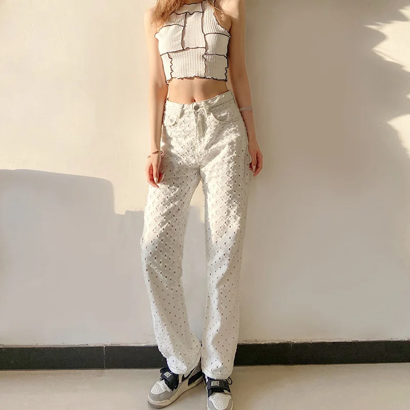 

White Dot Hole Wide Leg Pants Women Fashion Indie High Waist Slim Hip Trousers 2021 Spring Autumn Vintage Y2k New Casual Pants