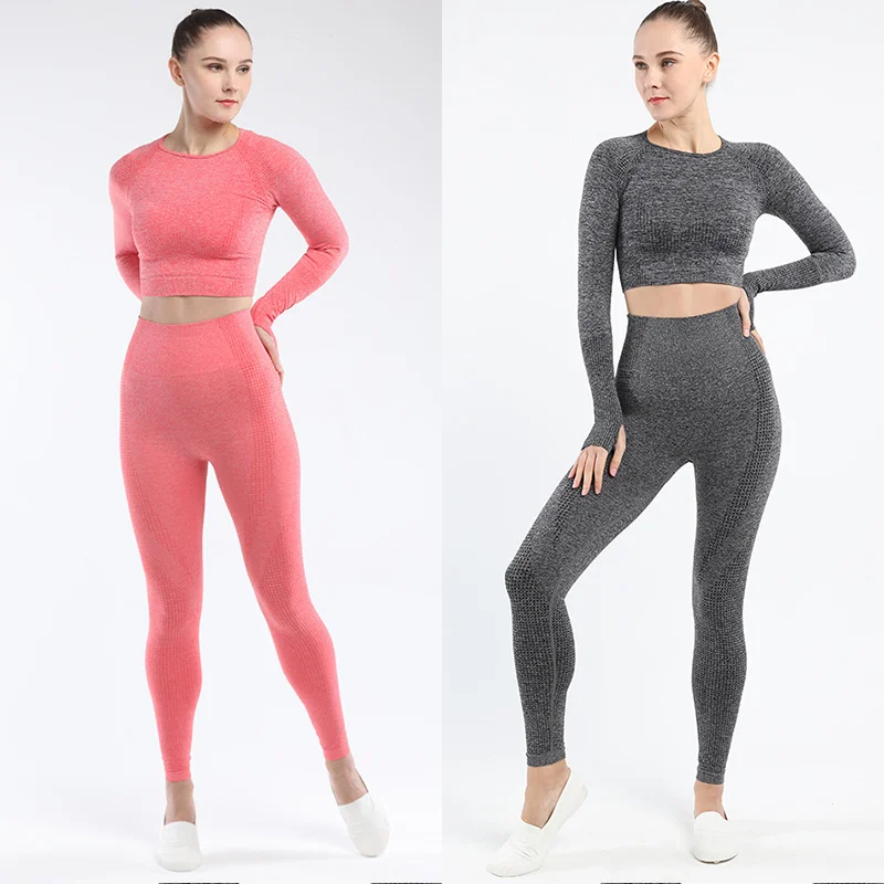 

Women Seamless Yoga Sets Fitness Sports Suits Gym Clothes Long Sleeve Crop Top Shirts High Waist Running Leggings Workout Pants