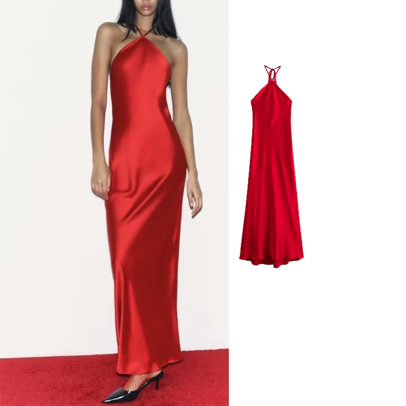 

Платье-миди атласное с открытой спиной и лямкой на шее