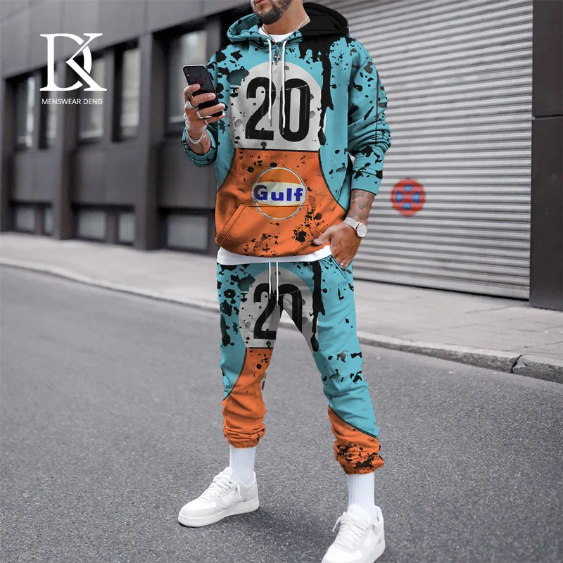 

Mens Hoodies And Sweatpants 2Pieces Set Fleece Sweatshirt Funny Gulf Oil Racing Colours Print Casual Tracksuit Streatwear Suit