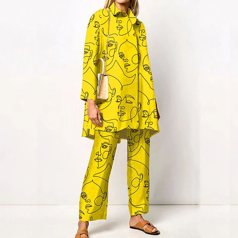 

Women Autumn Long Sleeve Tee Suit Elegant Pattern Print Two Piece Sets Female Turn Down Collar Blouse + Wide Leg Pants Outfits
