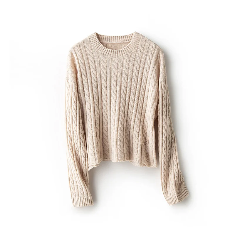 

2023 Осень 100% мериносовая шерсть короткий твист свитер женский круглый вырез мягкие трикотажные топы