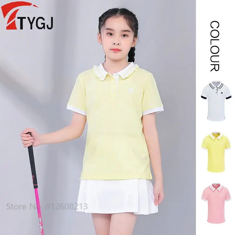 

TTYGJ Summer Golf Tee for Girls Short Sleeve Golf Kids T-shirt Children Dry Fit Breathable Sports Shirt Casual Lapel Collar Tops