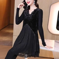 elegant v neck folds spliced beading lace blouse womens clothing 2022 autumn new oversized casual tops loose commute shirt