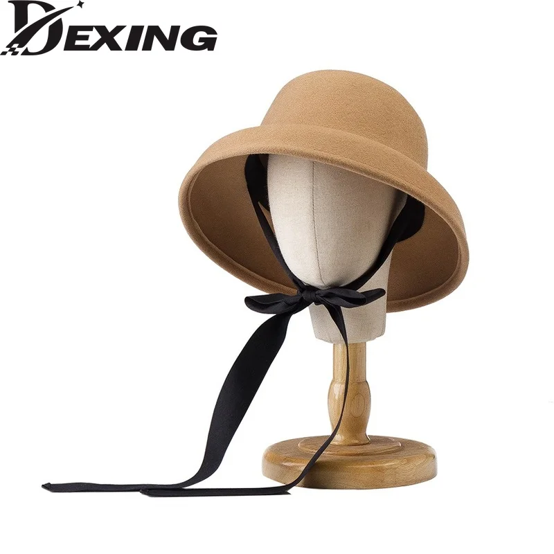 

2022 Children Wool Fedoras With Long Bandage Kids Warm Falt Hats Autumn Winter Girls Retro Flat Top Hat Wholesale