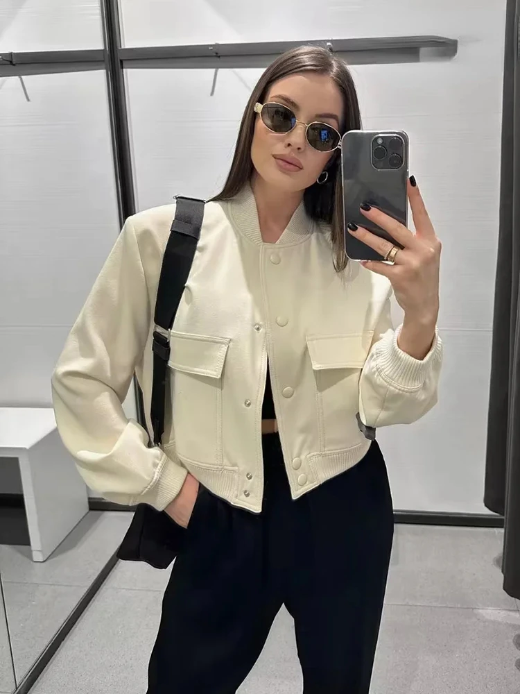 

Куртка-бомбер женская с карманами, модная винтажная Повседневная Верхняя одежда с длинным рукавом, на пуговицах спереди, шикарный топ