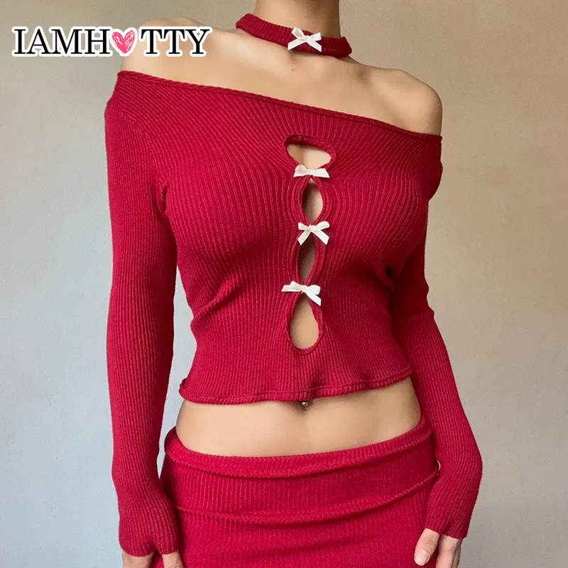

IAMHOTTY Cute Multi Bow Slash Neck Cropped Top Red Black Christmas New Year Festival Ribbed Tops Fall Spring Ribbed Y2K T-shirts