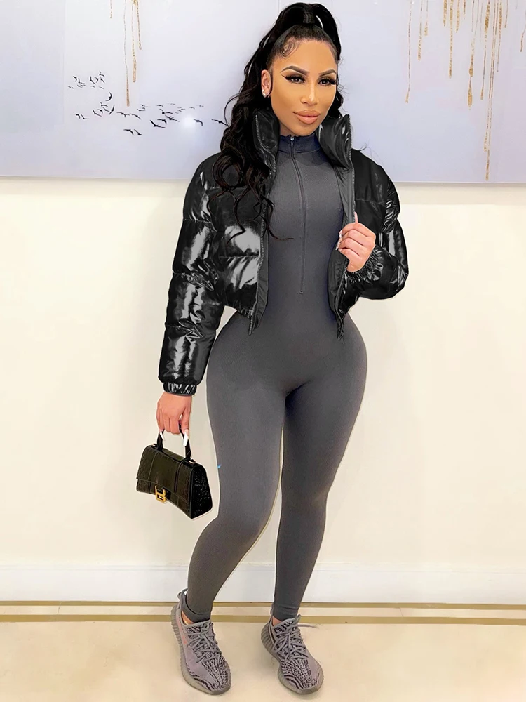 Woman Streetwear Stand Collar Long Sleeve Warm Overcoat Bright Bubble Short Parka Autumn Winter Cotton-padded Puffer Crop Jacket