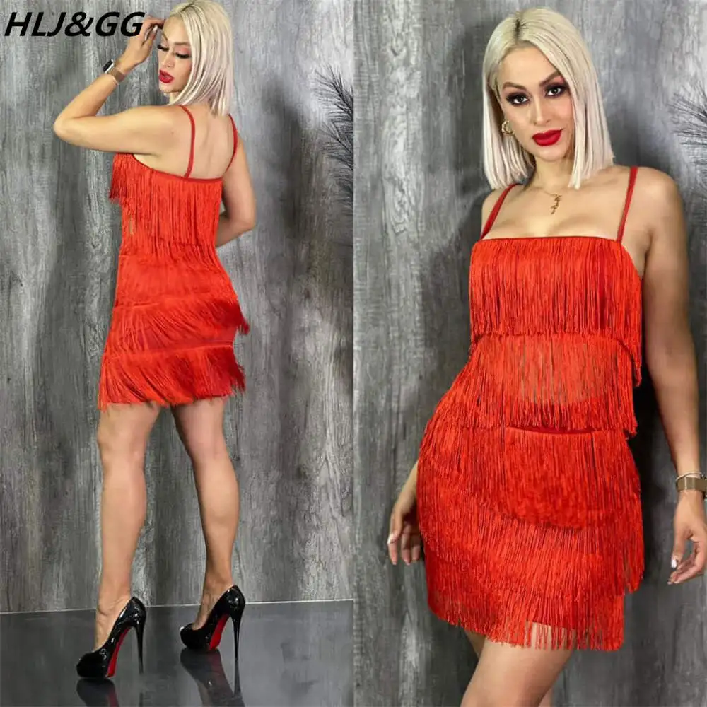 

HLJ&GG Sexy Nightclub Party Two Piece Sets Women Thin Strap Tassel Crop Top And Mini Skirts Outfits Fashion Vintage Elegant Suit