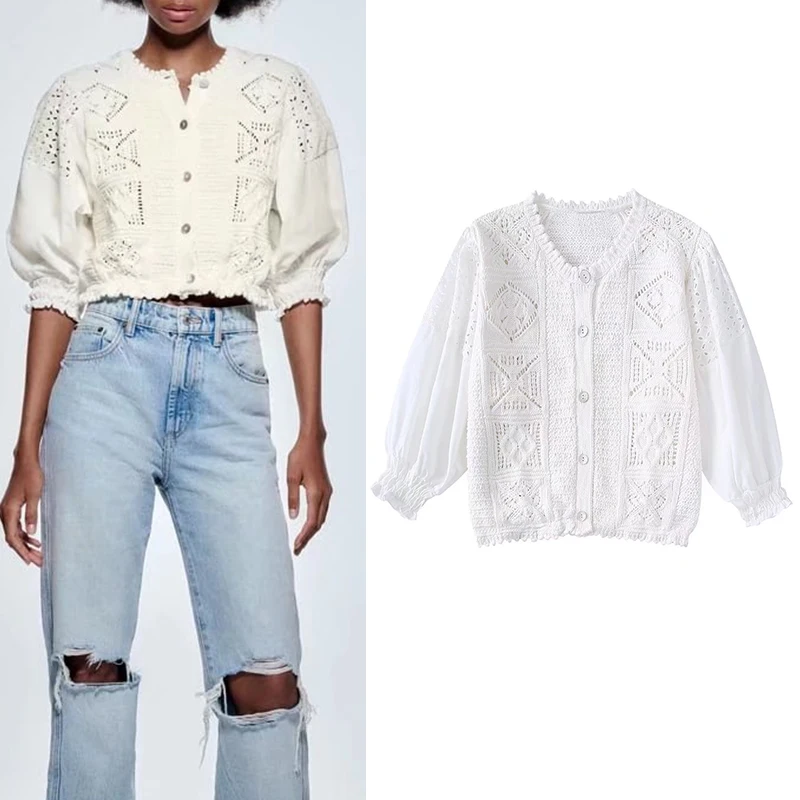 

2022 Spring Women Fashion Knitted Panel Shirt Versatile Three-quarter Sleeve Single-breasted O Neck Short Shirt Chic Top BB22705