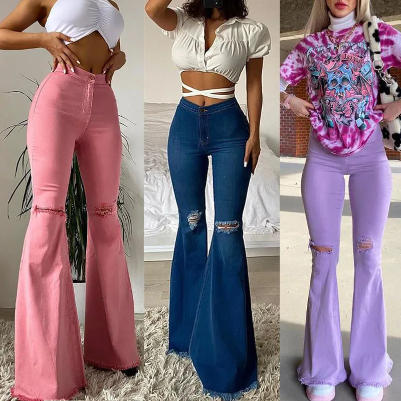 

New Women Denim Flared Pants High-waisted Button Holes Ripped Bodycon Bell-Bottoms Trousers Solid Tight Summer Clothing